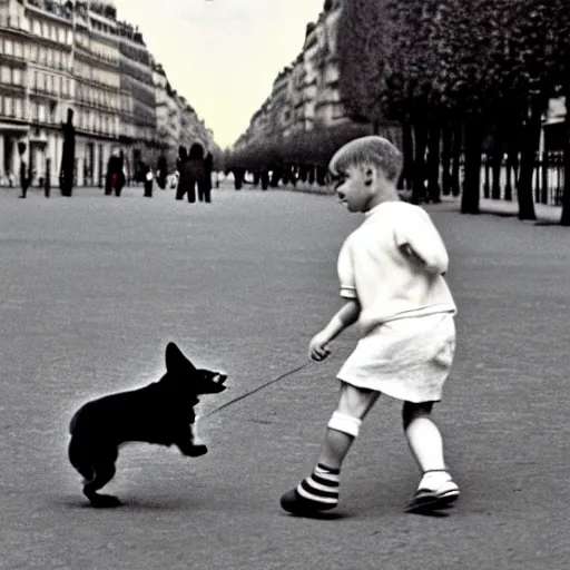 Prompt: a french boy on the streets of paris playing football against a corgi, the dog is wearing a polka dot scarf, book illustration, 1 9 6 6