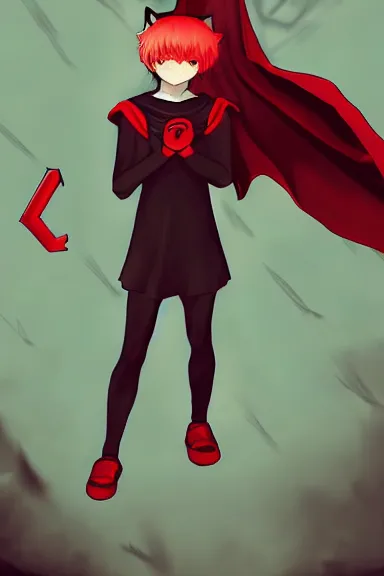 Image similar to little boy with cat ears in an black outfit with red cape. digital artwork made by lois van baarle and kentaro miura, sharpness focus, inspired by hirohiko araki, anatomically correct, heroic composition, hero pose, smooth, night city, illuminati