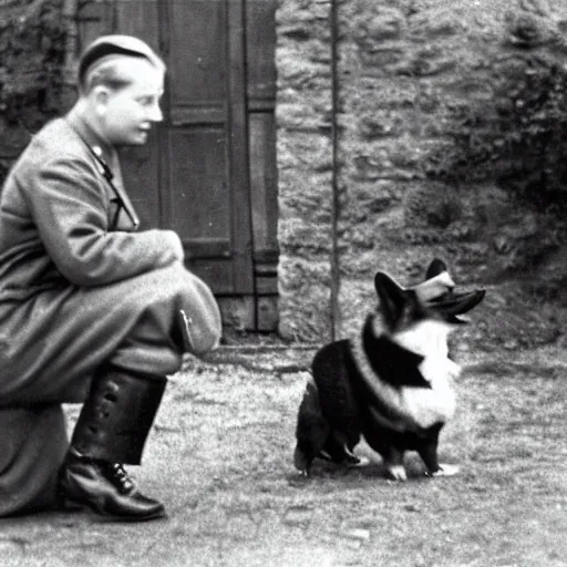 Prompt: ultra wide 1 9 4 6 historical photo of a single german general kneeling to pet a cute corgi, a young queen elizabeth stands near him, french village exterior, highly detailed, sharp focus