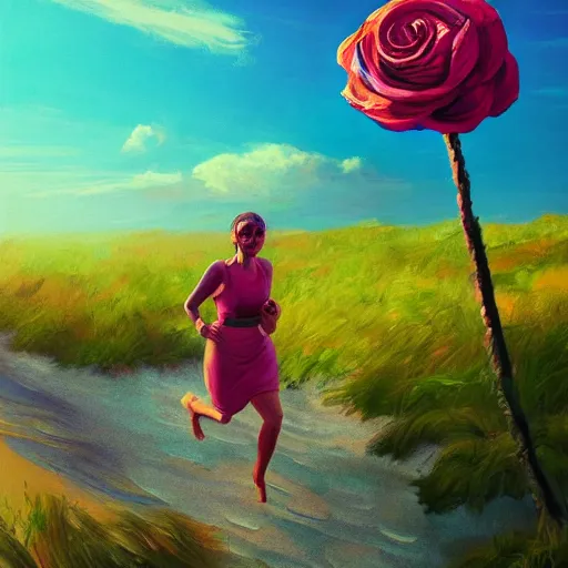 Image similar to portrait, giant rose flower head, woman running at the beach, surreal photography, sunrise, blue sky, dramatic light, impressionist painting, digital painting, artstation, simon stalenhag