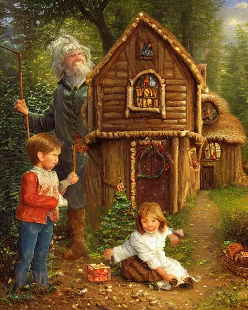 Image similar to an oil painting of a young, poor peasant brother and sister lost in the forest, with a witch's gingerbread house coverd in candy, by thomas kincade, ivan shiskin, and james gurney