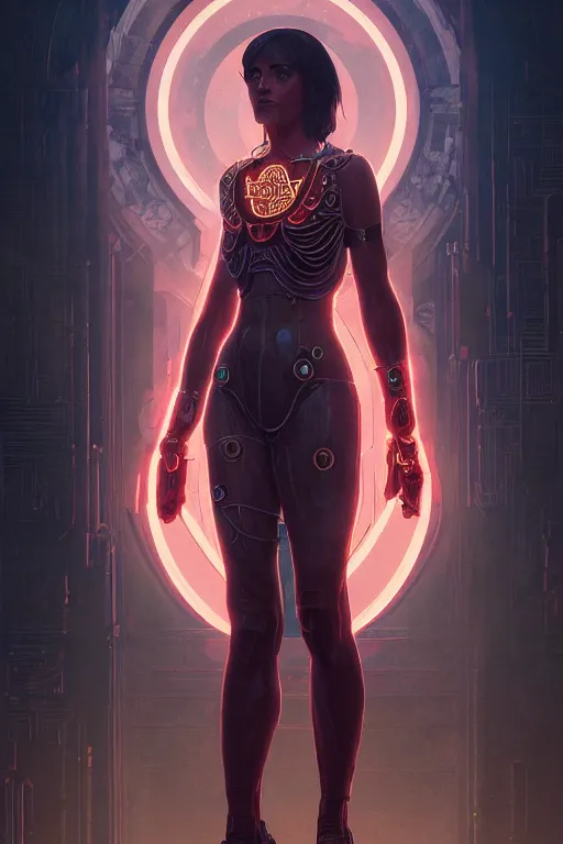 Image similar to ancient rome citizen in the cyberpunk style, realistic portrait full body, neon glow, symmetrical, highly detailed, digital painting, artstation, concept art, smooth, sharp focus, illustration, cinematic lighting, art by artgerm and greg rutkowski and alphonse mucha