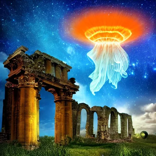 Image similar to a colossal gigantic glowing orange jellyfish hovering beneath a portal in the sky, galaxies and stars in a stylized sky, verdant landscape in the foreground, ancient ruins in the background, digital art