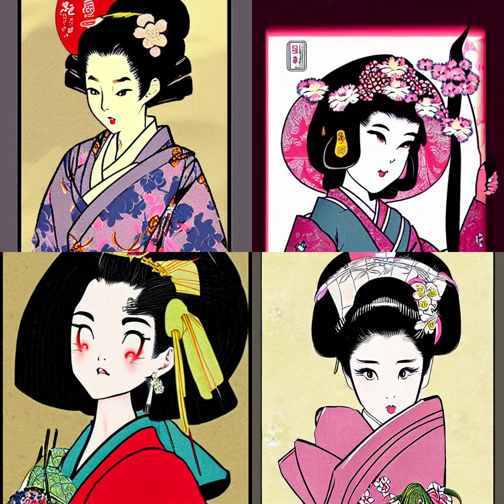 Prompt: a beautiful geisha in the style of vintage manga