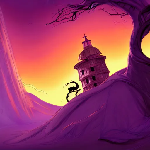 Image similar to don bluth, artgerm, joshua middleton, purple color pallete, welcome to night vale, lighthouse in the desert, giant centipede, spooky strange weird quirky, cartoon, 2 d, shades of purple