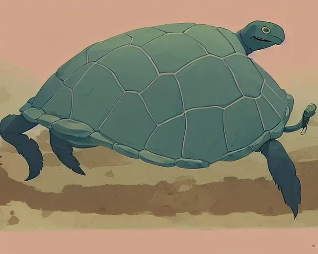 Image similar to a study of a cell shaded cartoon giant turtle from howl's moving castle ( 2 0 0 4 ), on a desert road, illustration, wide shot, subtle colors, post grunge, concept art by josan gonzales and wlop, by james jean, victo ngai, highly detailed, sharp focus, trending on artstation, hq, deviantart, art by artgem