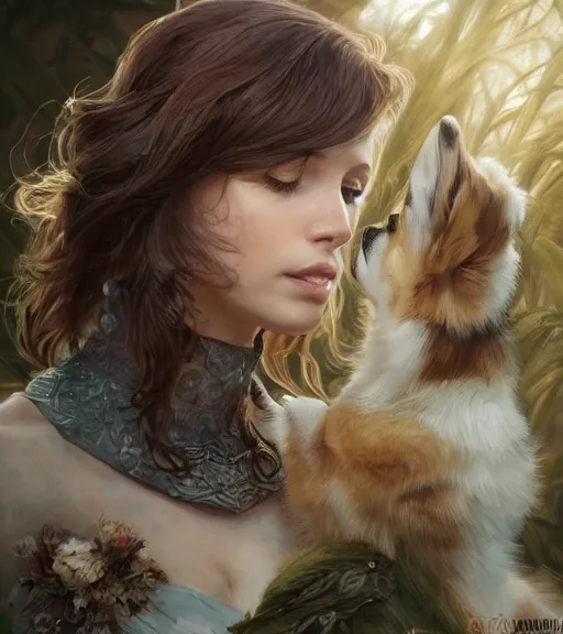 Image similar to full portrait of a young, attractive woman petting a corgi dog, soft hair, muscular, half body, cloth, d & d, fantasy, intricate, elegant, highly detailed, digital painting, artstation, concept art, smooth, sharp focus, illustration, art by artgerm and greg rutkowski and alphonse mucha