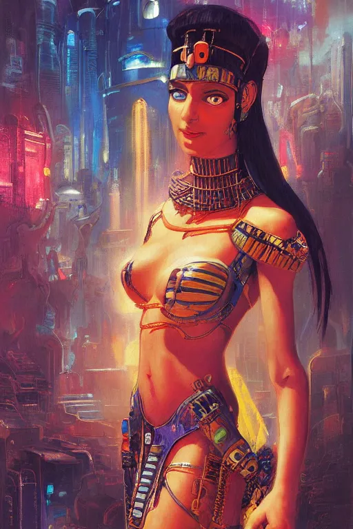 Prompt: a cyberpunk half length portrait of cleopatra, by paul lehr, jesper ejsing