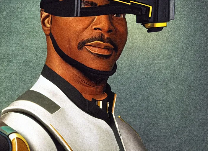 Image similar to a hyper realistic ultra realistic photograph of Commander Geordi La Forge wearing his visor, highly detailed, 8k photograph