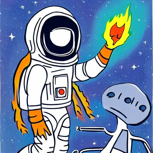 Prompt: an astronaut that’s on fire shaking hands with a space alien, realistic