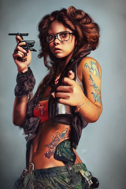 Image similar to painting of a gangster girl holding a pistol, intricate, highly detailed, digital painting, official media, concept art, rich vivid colors, ambient lighting, sharp focus, illustration