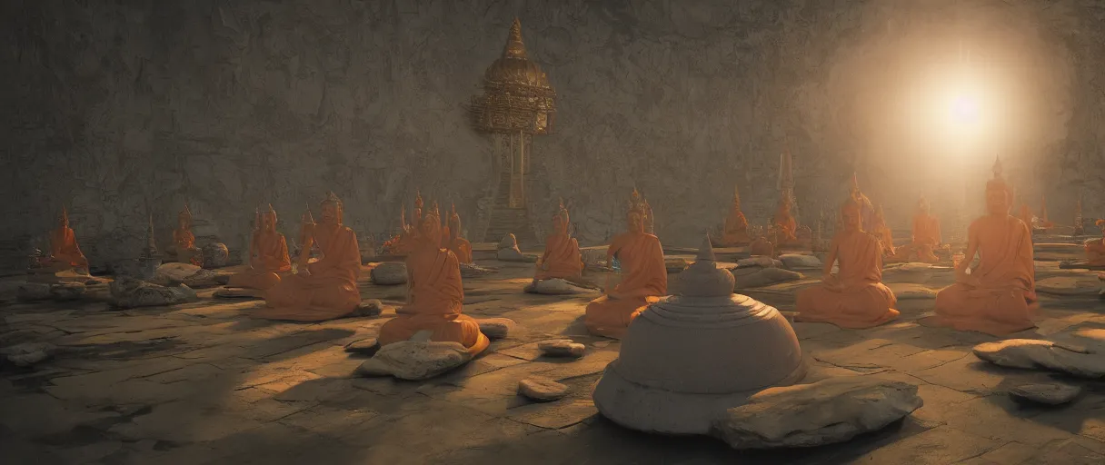 Prompt: ' witches meditating near buddhist stupa, high - tech space cult, dramatic lighting, epic, octane render, volumetric light, unreal engine, artbreeder, 8 k, background, scene, digital, artwork, high quality, 8 k''