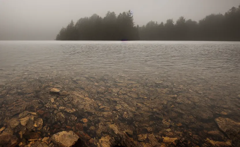 Prompt: extreme low angle camera lens partially submerged in water showing the surface of a lake with a rocky lake shore in the foreground, scene from a film directed by charlie kaufman ( 2 0 0 1 ), foggy volumetric light morning, extremely moody, cinematic trending on artstation in the style of greg rutkowski, shot on anamorphic lenses