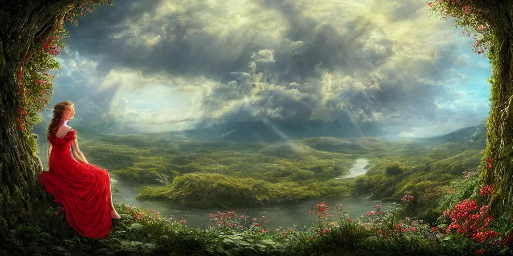 Image similar to an elegant fairy queen in a red lace dress sitting and looking out at a lord of the rings scenery landscape, vast lush valley flowers and giant mushroom structures, river, sunrise, god's rays highly detailed, vivid colour, soft clouds, floral sunset, cinematic lighting, perfect composition, 8 k, gustave dore, derek zabrocki, greg rutkowski, belsinski