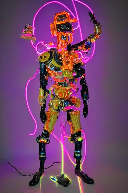Prompt: full-body neon porcelain bladerunner and baroque style sculpture of a young flirty handsome Spanish prince as a high-fashion half-robot with a porcelain chest opening exposing a battery leaking radioactive liquid and electric sparks, glowing red laser beam eyes, crown of giant sapphires, flowing pink and orange neon-colored silk, luminescent fabrics, mechanical raptors. baroque and steampunk elements. full-length view. baroque element. intricate artwork by caravaggio. Very very very very highly detailed epic photo of face. Trending on artstation, octane render, cinematic lighting from the right, hyper realism, octane render, 8k, depth of field, 3D