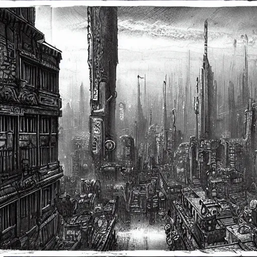 Prompt: dieselpunk city drawn by gustave dore