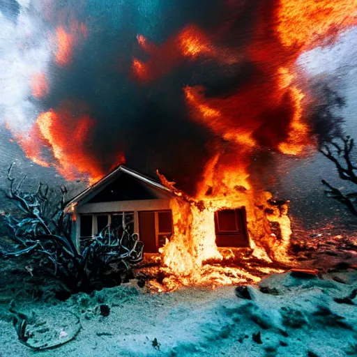 Prompt: photo of a burning house underwater, cinematic