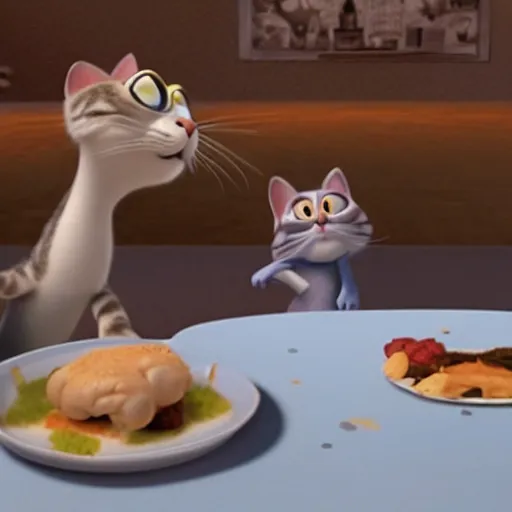 Image similar to pixar cgi cats having a nice dinner