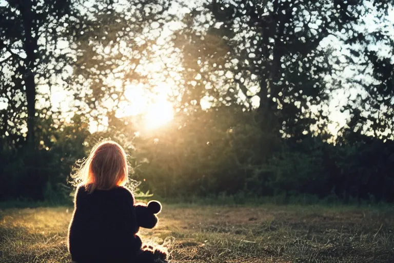 Image similar to canon, 30mm, bokeh, girl holding a teddy bear, snuggly, black hair, sunset, contrejour