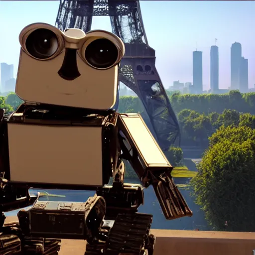 Prompt: wall - e visiting the eiffel tower, realism, 4 k, rim lighting,