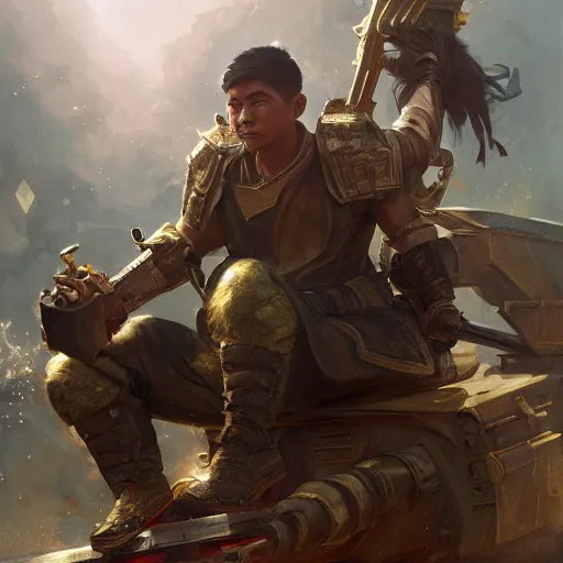 Image similar to a filipino man sitting on a tank holding a scepter and eating popcorn, fantasy, digital painting, volumetric light, intricate, sharp, focus, bloom, illustration, highly detailed, concept art, matte, ruan jia, randy vargas, greg rutkowski