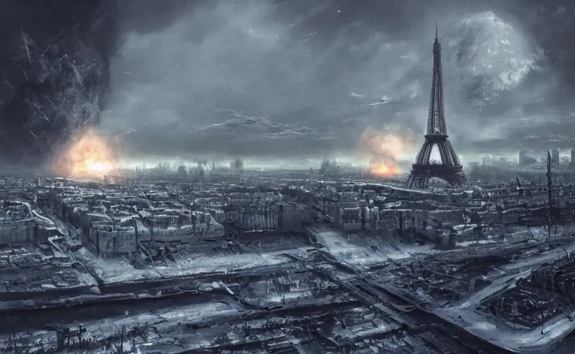 Image similar to nuclear winter, paris, near future, fantasy, sci - fi, hyper realistic, serene.