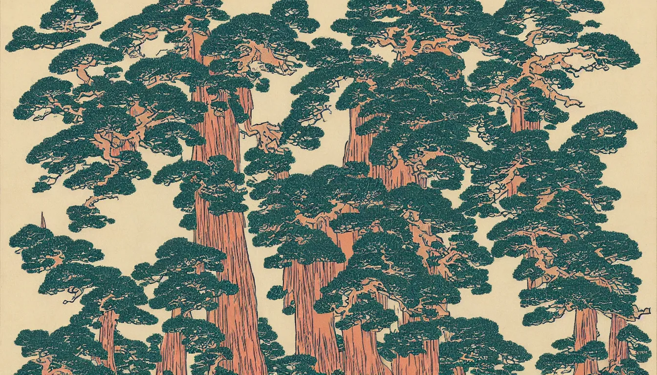 Image similar to giant redwood trees by hokusai