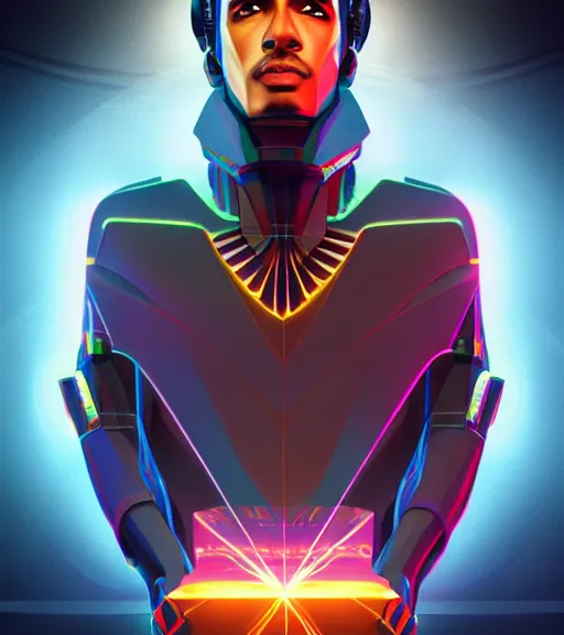 Image similar to symmetry!! egyptian prince of technology, solid cube of light, hard edges, product render retro - futuristic poster scifi, lasers and neon circuits, brown skin man egyptian prince, intricate, elegant, highly detailed, digital painting, artstation, concept art, smooth, sharp focus, illustration, dreamlike, art by artgerm