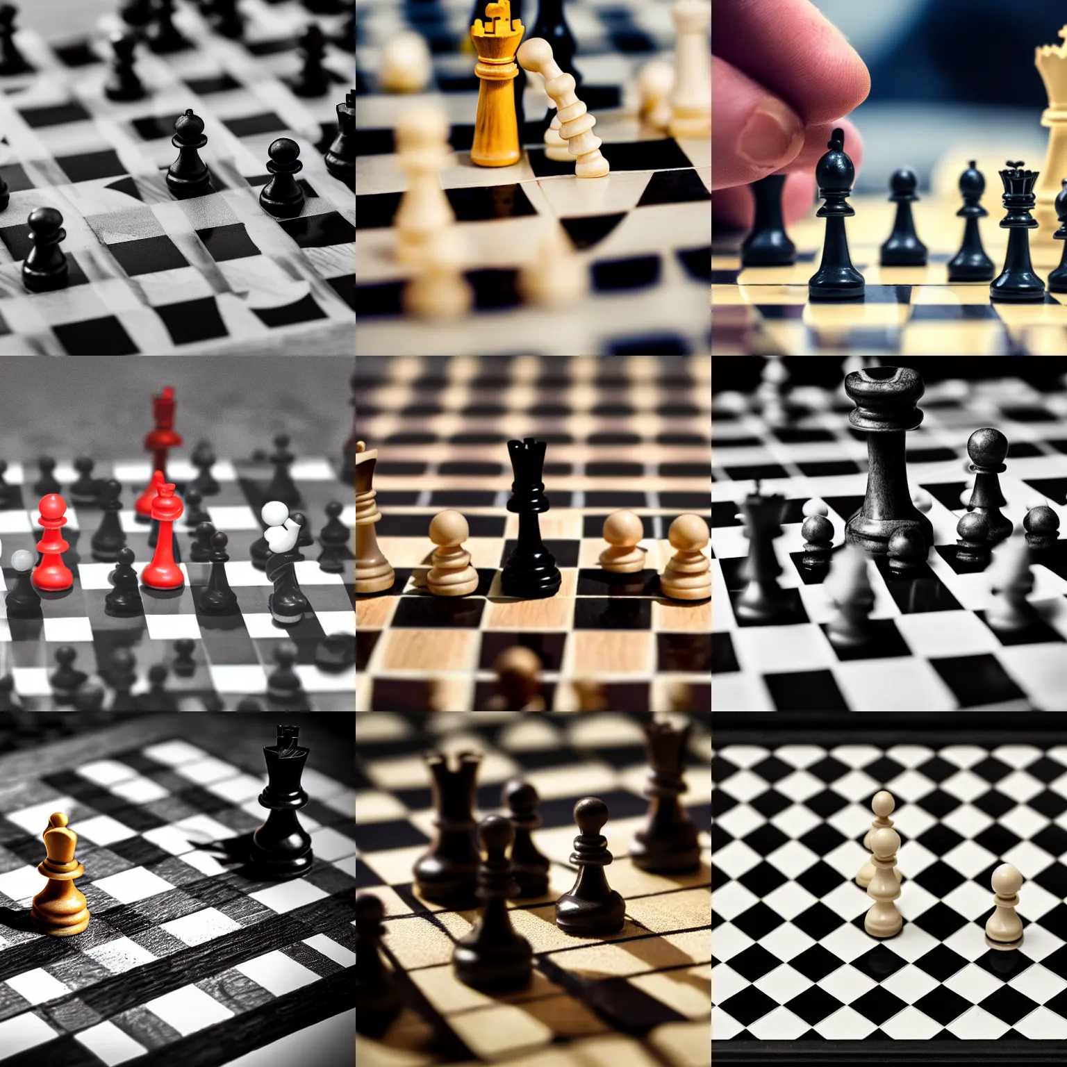 Prompt: Miniature man standing on a chess board, next to a chesspiece, macro photography
