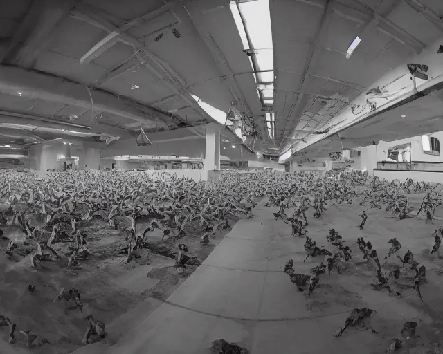 Image similar to camera footage of a Hundreds of Rabid Zerglings in an abandoned shopping mall, high exposure, dark, monochrome, camera, grainy, CCTV, security camera footage, timestamp, zoomed in, fish-eye lens, Evil, Zerg, Brood Spreading, horrifying, lunging at camera :4