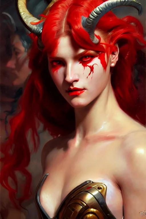 Image similar to painted close - up portrait of a attractive red - skinned intimidating demon cyborg girl with ram horns! oil painting, wearing a noblewoman's outfit, fantasy art by john singer sargent and gaston bussiere and james jean and greg rutkowski, demon noble character design, hd