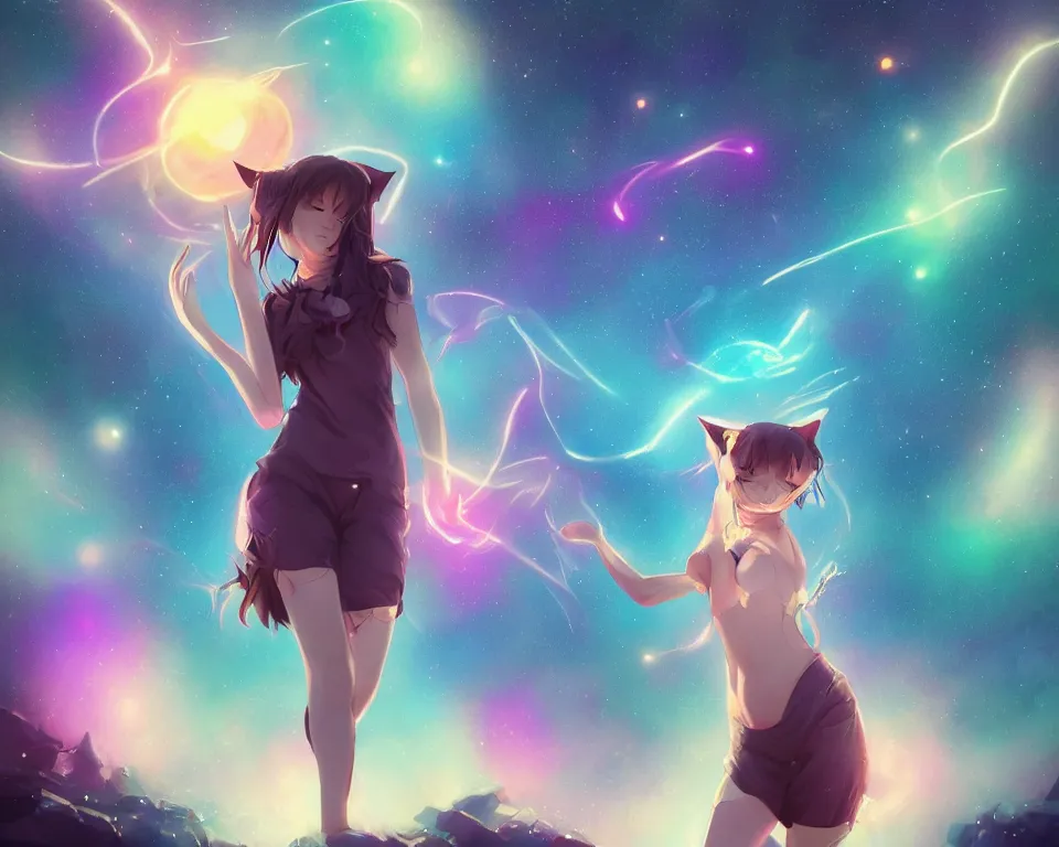 Image similar to beautiful whimsical cat girl standing in a lake under the stars, under a multi-colored binary blackhole with an accretion disc, casting magic, glowing trails following her arms, wearing professional makeup, anime, by Lois van Baarle, by Greg Rutkowski, by artgerm, by beeple, by studio ghibli, cinematic angle, volumetric lighting, 4k resolution, octane render, trending on artstation, masterpiece