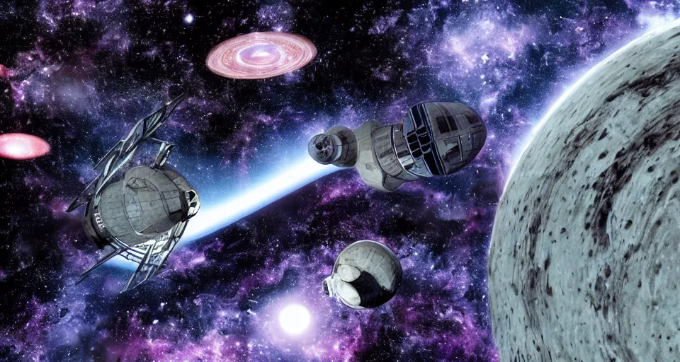 Prompt: star trek deep space nine space station crashed on a planet Tokyo Genso, dramatic space sky