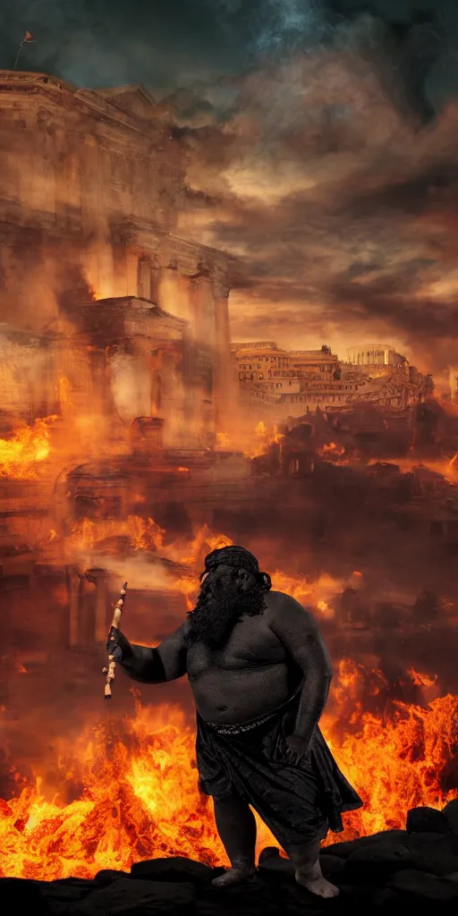 Prompt: black silhouette realistic painting of roman emperor nero as a dwarf playing the flute while roman structures are on fire in background, hyper realistic, 8 k resolution, roman amphitheater and skyline of ancient rome is on fire, red skies, smoke billows over the horizon, cans of spinach are falling from space