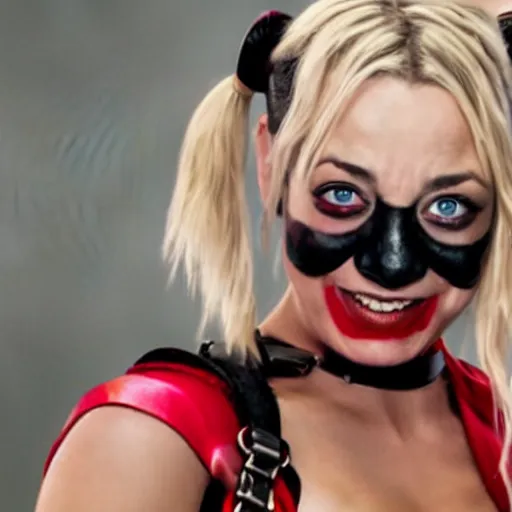 Image similar to A still of Kaley Cuoco as Harley Quinn