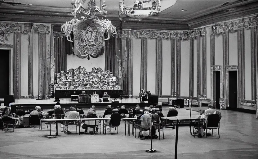 Image similar to 60s movie still of a CCCP congress with soviet flags and a bronze statue of Karl Marx stanilist style palace interior, by Irving Penn , cinestill 800t 35mm black and white, heavy grainy picture, very detailed, high quality, 4k, HD criterion, precise texture