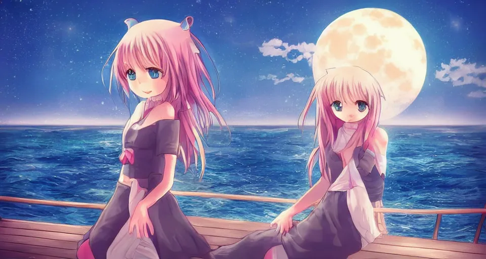 Prompt: cute anime girl standing on a pier, blue shiny eyes, the ocean as background at twilight, big moon above the water, colorful, magical, smooth, extremely detailed, devianArt, by Saranxiety on Pinterest