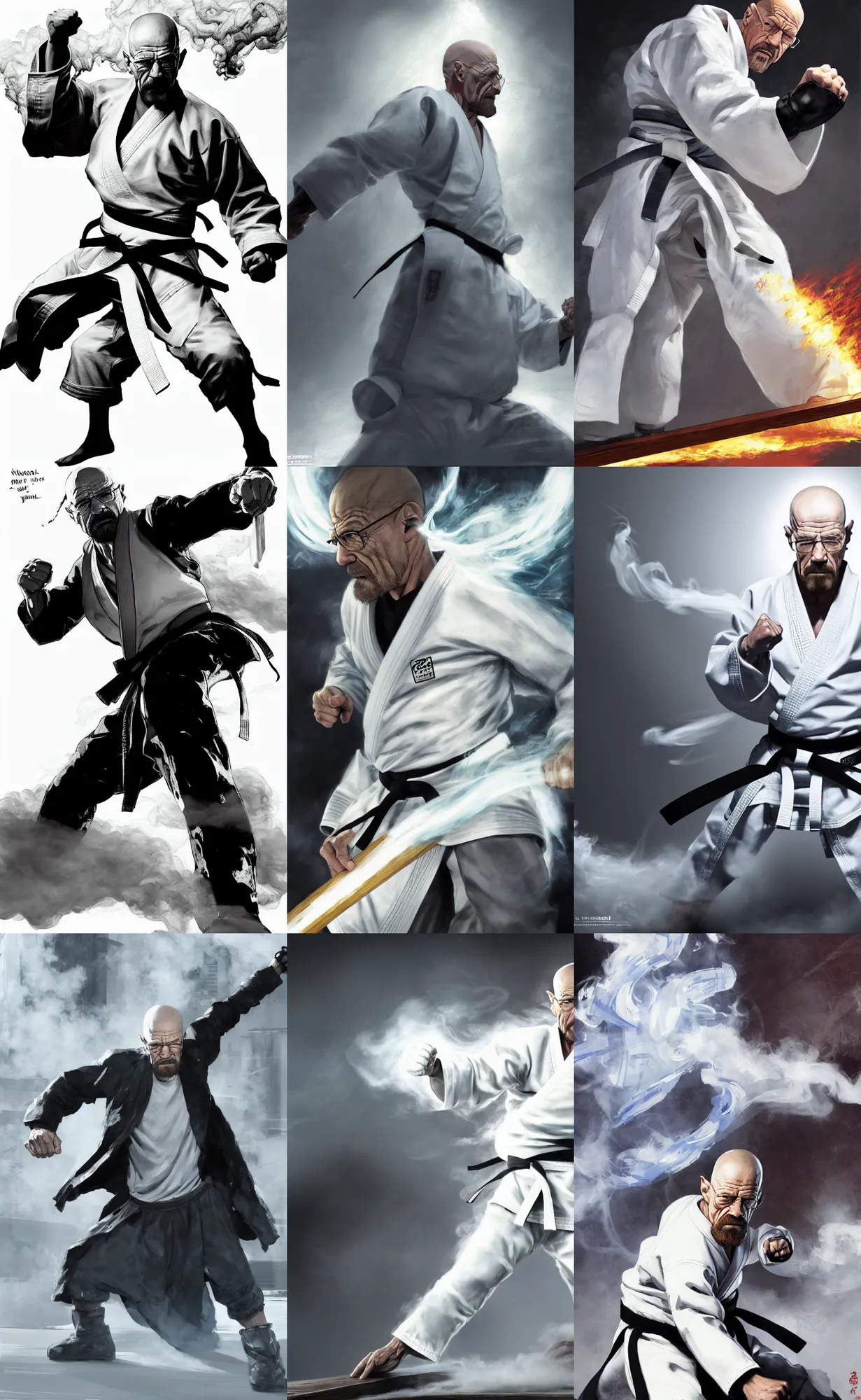 Prompt: Action Concept art of grandmaster walter white wearing a white martial artist gi, breaking a wooden plank in half by punching with his clenched fist, bald head and white beard, emanating white smoke, fog fills the area, character surrounded by wispy smoke, plain background, by Chen Uen, art by Yoji Shinkawa, 4k