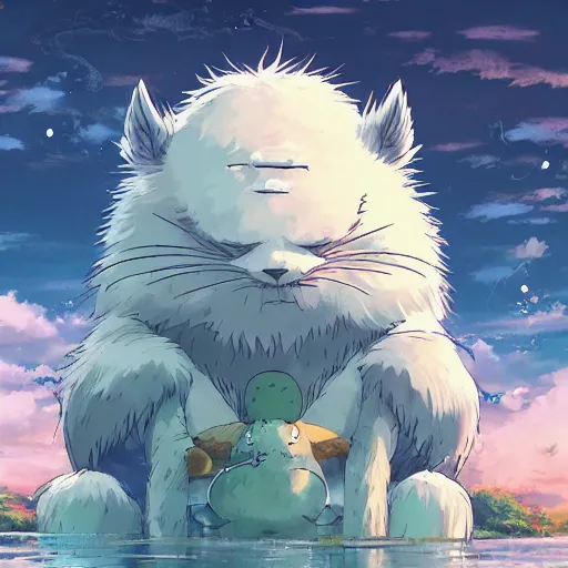 Image similar to big cute creature made in studio ghibli artstyle, high quality detailed, 8k, smooth, sharp focus, beautiful scene, ghibli, wonderful, anime art , cinematic scene, fantasy,