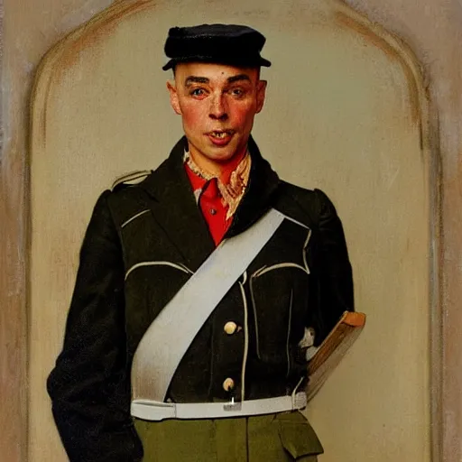 Image similar to Frontal portrait of a Frenchman wearing his mandatory national uniform for daily life. Painting by Norman Rockwell.