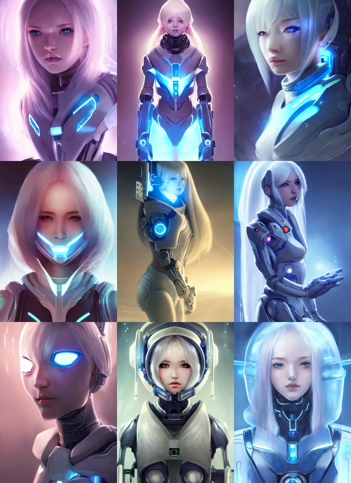 Prompt: perfect android girl, glowing warframe armor, beautiful face, scifi, futuristic, space station, laboratory, kwak ji young, dreamy, long white hair, blue cyborg eyes, cinematic lighting, innocent, highly detailed, focused, artstation, divine, by gauthier leblanc, kazuya takahashi, huifeng huang, jama jurabaev