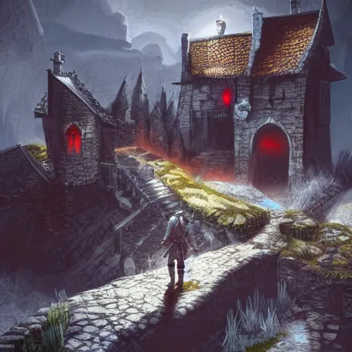 Image similar to Witcher in the Old Castle, Game scene graph, Fantasy art style