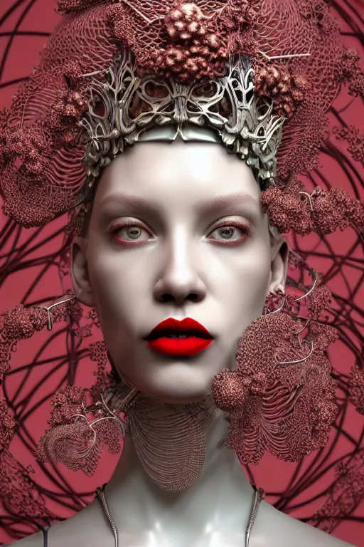 Prompt: complex 3 d render, hyper detailed ultrasharp beautiful biomechanical mandelbrot fractal steampunk filigree mesh wire female cyborg portrait with a porcelain profile face, albino afro, elegant crown with big hydrangea foliage leaves stems roots, red lips, alexander mcqueen haute couture, art nouveau fashion, octane render, 8 k