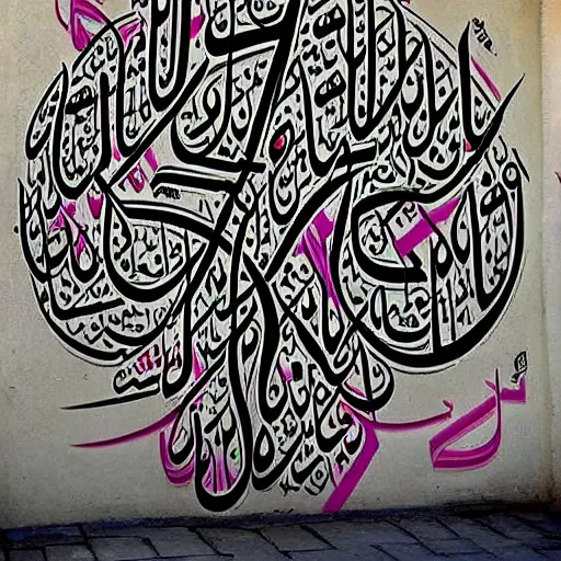 Image similar to arabic calligraphy, transylvanian folk art, in the style of graffiti, made by banksy