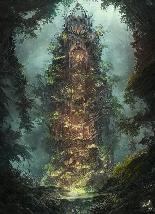 Prompt: an ancient obsidian cubic tower rising from a dense forest landscape, fantasy, digital painting, stunning, intricate, highly detailed, artwork by ross tran, artgerm