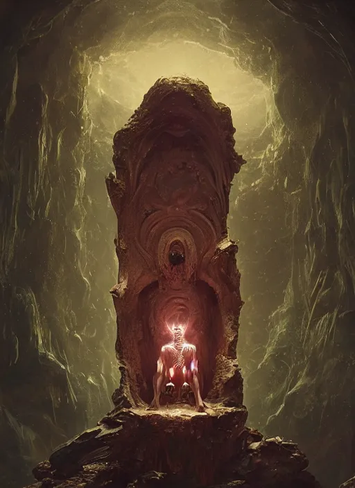 Image similar to hyper realistic photography of intricate symmetric strange alien child god sitting on ruined ornamented opal throne in a crystal cave detailed, greg rutkowski, mignola, moebius, artstation, cgsociety