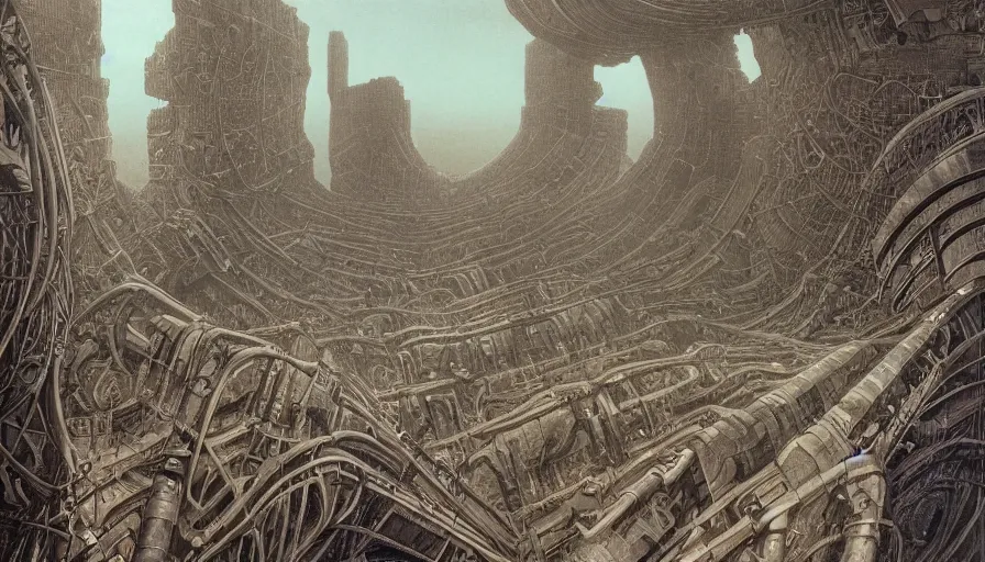 Prompt: the depths of a vast artificial world with massive towering pillars holding the ceiling of the landscape up, detailed, extreme depth, wayne barlowe and escher collab, godrays, titanic machine automations of brutalist design visible in the foreground