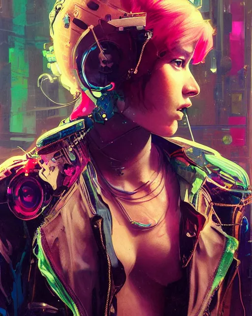 Image similar to detailed portrait Young Rebel Girl cyberpunk futuristic ((neon)) tattoes, yakuza, styled hair Reflective puffy sheen film jacket, decorated traditional ornaments by ismail inceoglu dragan bibin hans thoma greg rutkowski Alexandros Pyromallis Nekro Alphonse Mucha illustrated Perfect face, fine details, realistic shaded, fine-face, pretty face