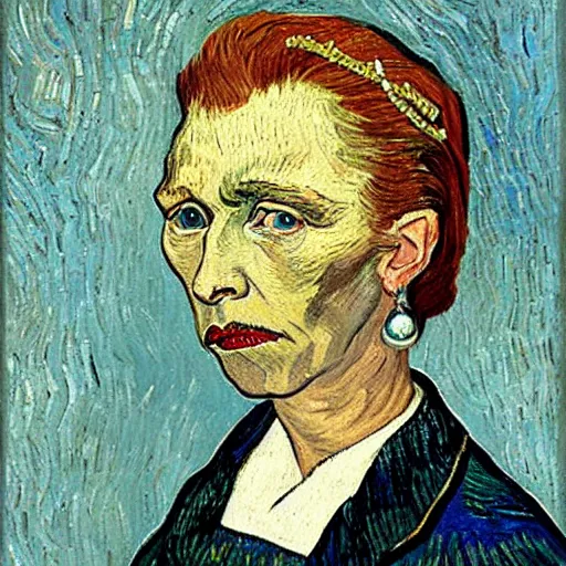 Image similar to vincent van gogh portrait of hillary clinton's head, wearing pearl necklace and a diamond tiara
