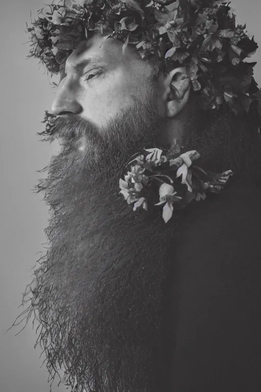 Image similar to a man's face in profile, with a long beard made of flowers, in the style of the Dutch masters and Gregory crewdson, dark and moody